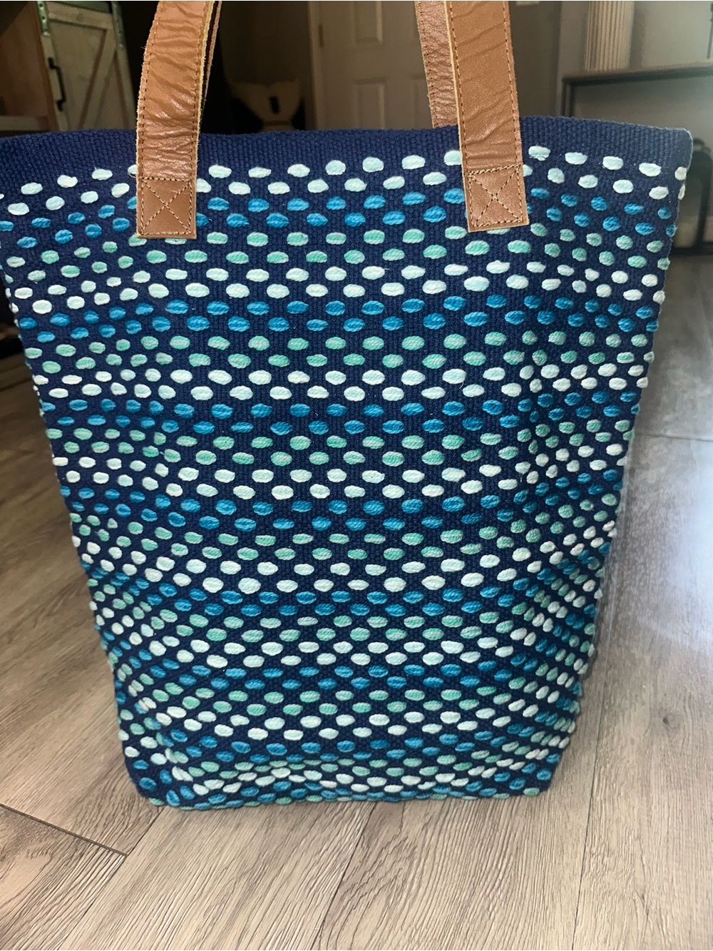 The Company Store Blue Woven Leather Handle Tote Bag